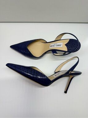 Jimmy Choo Navy Croc-Embossed Thandi 85 Slingback Heels